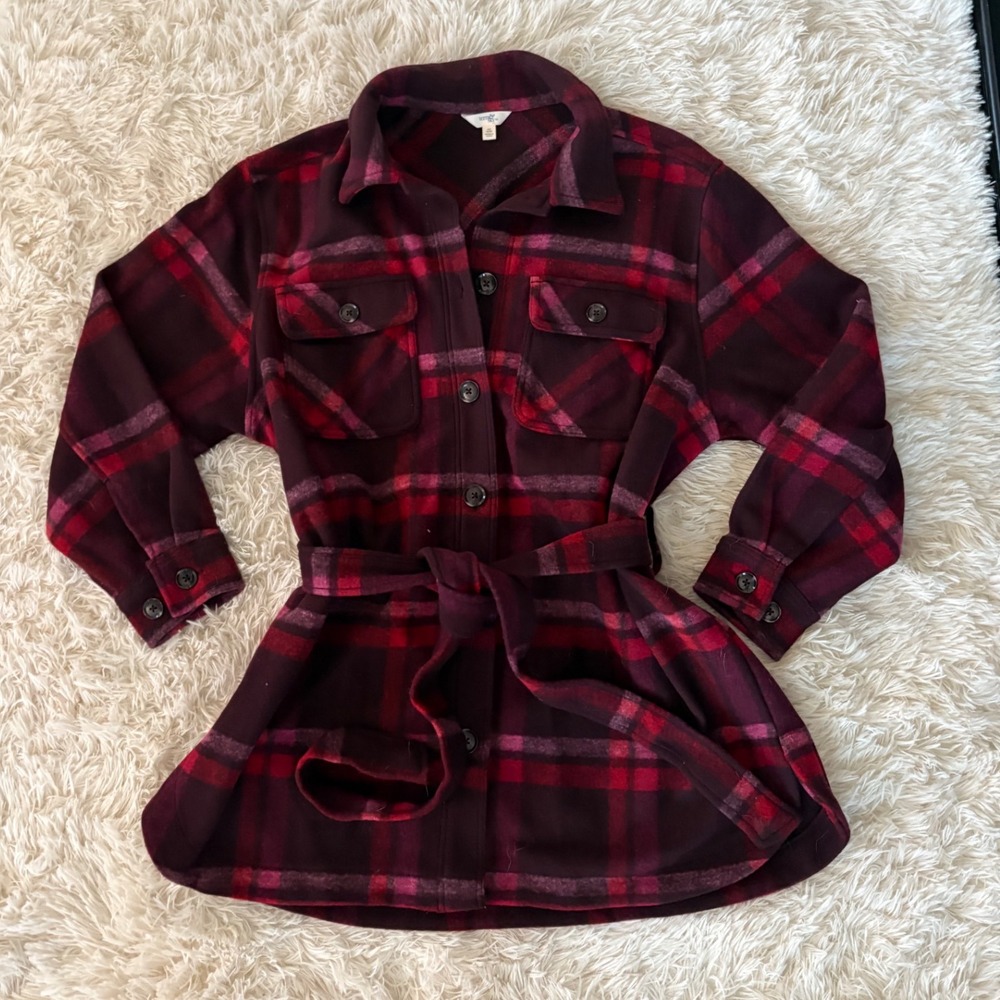 Ten Sixty Sherman Plaid Belted Shirt Jacket Shacket 2X Burgundy Red Pink